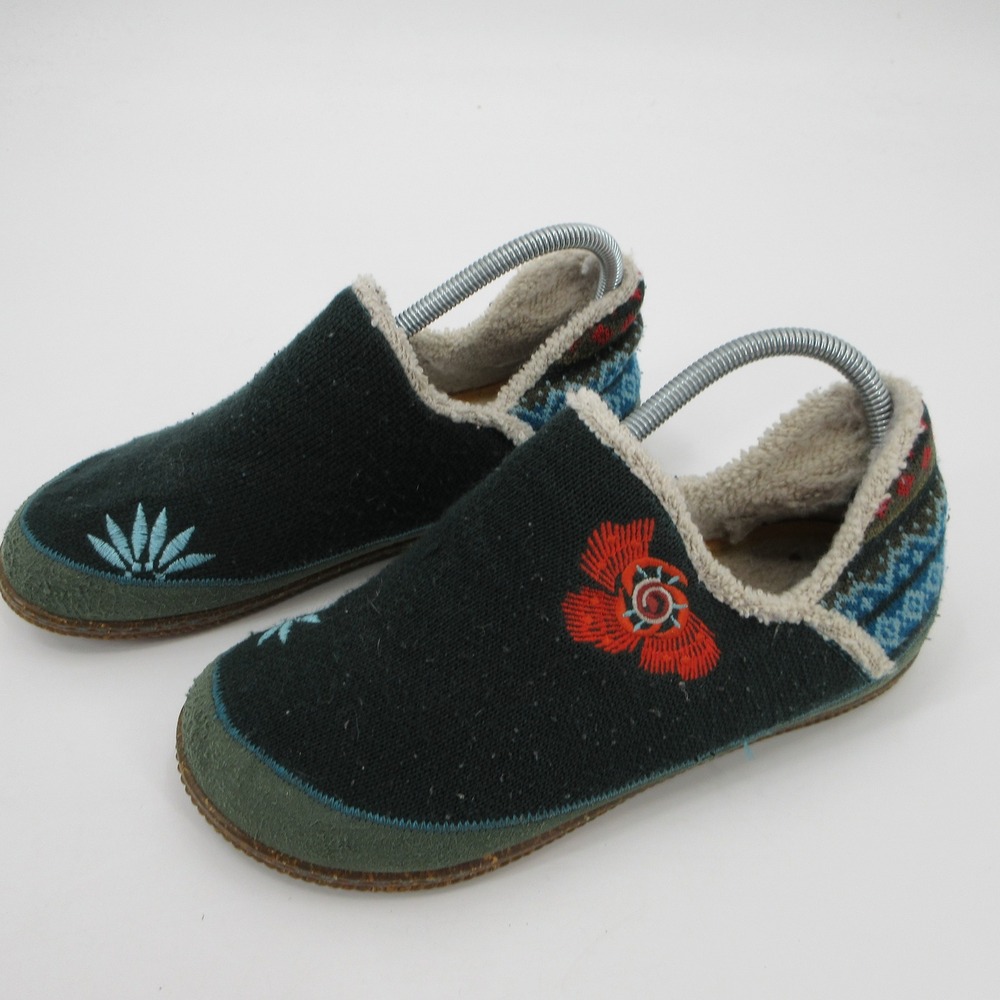 Smartwool Women 8 Embroidered Wool Slippers Forest Green Fair Isle Floral Mules